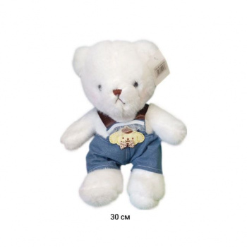 им Медведь арт. 789-133-30 Белый в джинсковом комбимнезоне 30 см в пак._