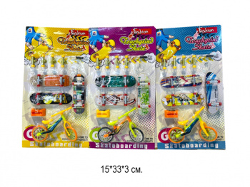 Скейтик арт. 033-6 Пальчиковый набор 3 скейтика + колеса + велосипед на листе• 