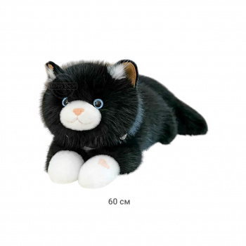им Кошка арт. 209405 Черная белые лапки и мордочка лежит мяукает 60 см в пак.